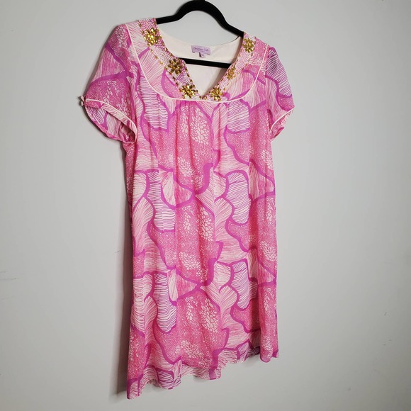 CALYPSO CHRISTIANE CELLE Pink Embellished Short Sleeve Silk Mini Dress Sz S/M - Picture 2 of 7